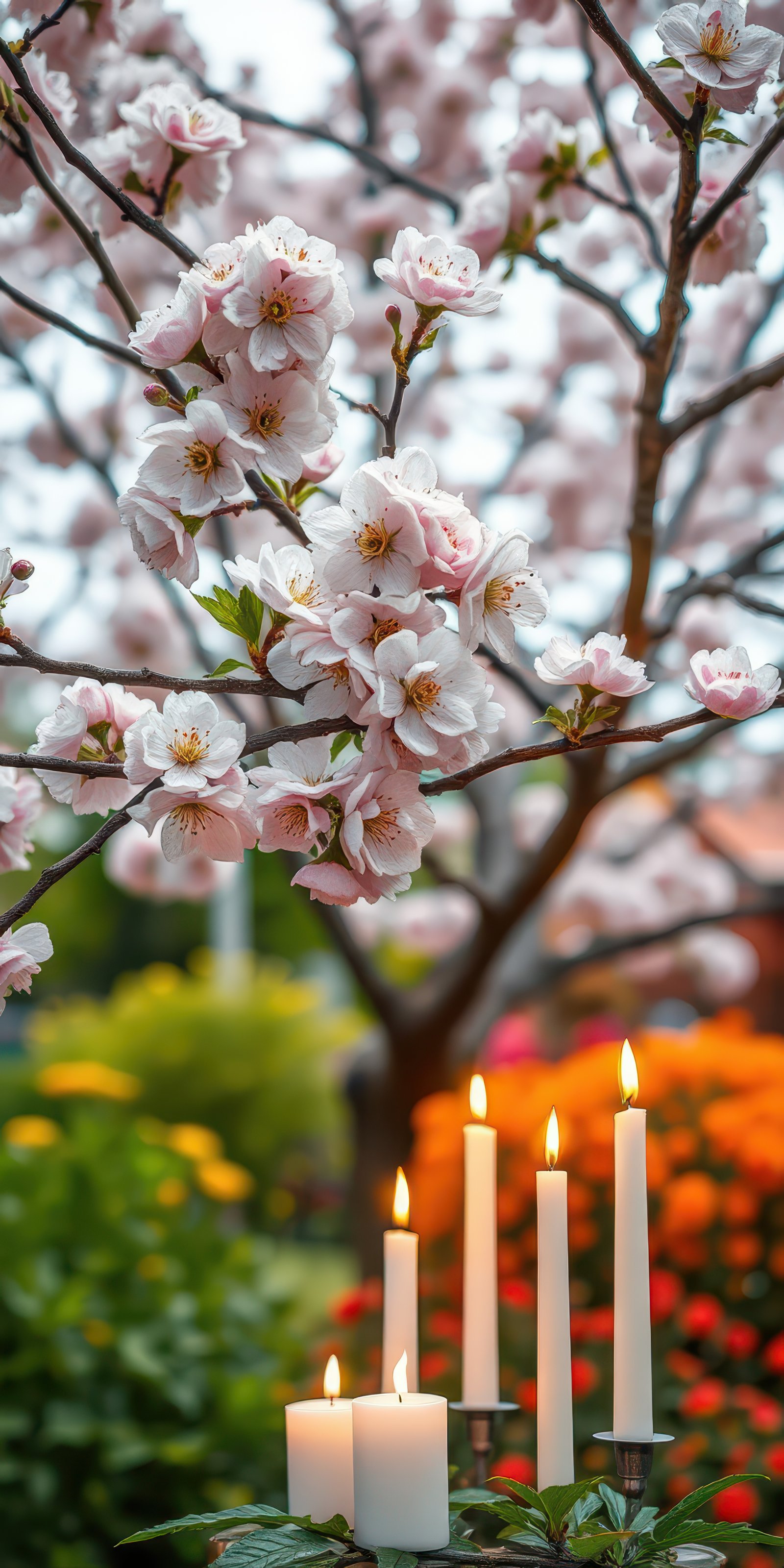 Cherry blossom tree with glowing candles in a vibrant garden during springtime